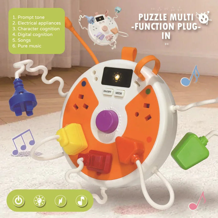 Orange busy board showing its purple center dial, colorful plugs and sound-mode graphic