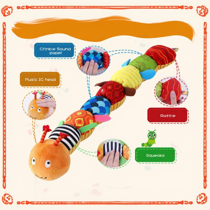 Orange caterpillar rattle with close-up callouts for its sound-making sections