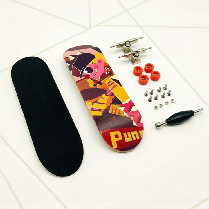 Orange character-print fingerboard deck with a black grip pad, red wheels, trucks, hardware, and a tool.