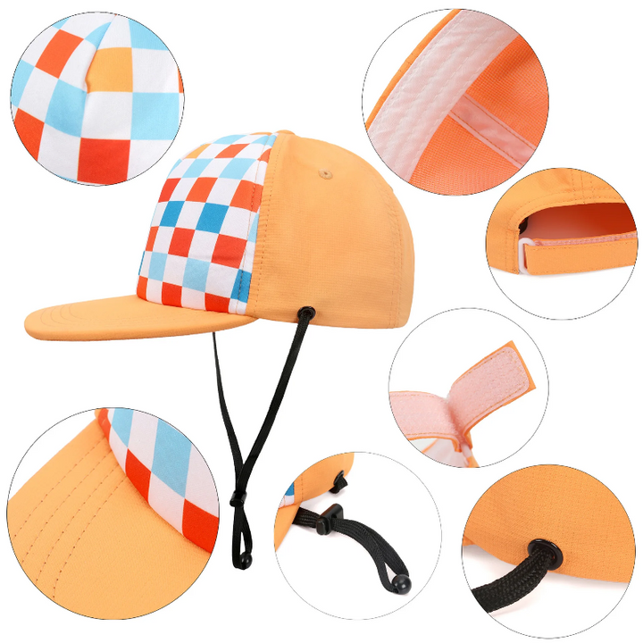 Orange checkered cap with close-up views of the fabric, brim, back, and adjustable chin strap