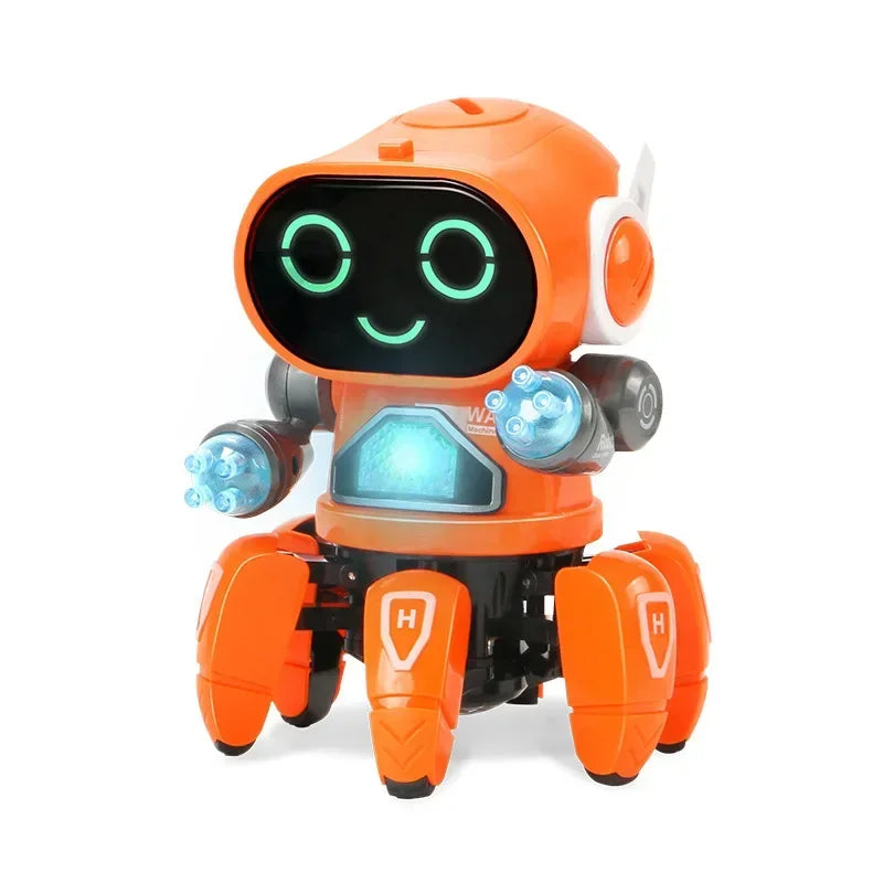 Orange smiling toy robot with claw-style feet and turquoise hand and chest details