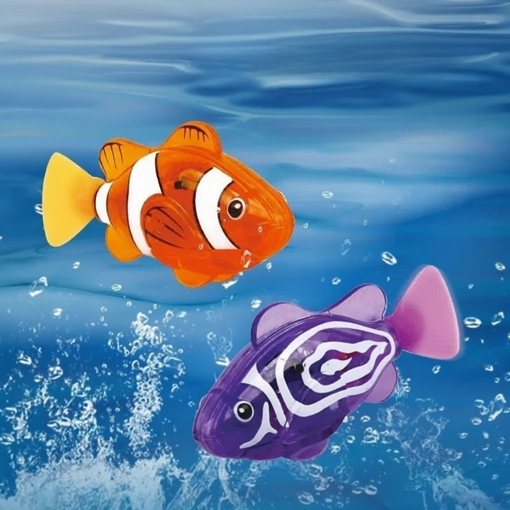 Orange clownfish and purple striped electronic fish shown against blue water