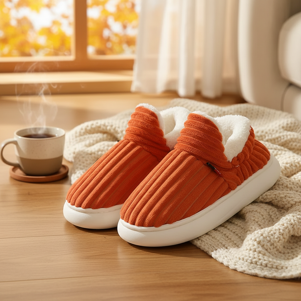 Orange corduroy slippers with white lining beside a knitted blanket and mug.