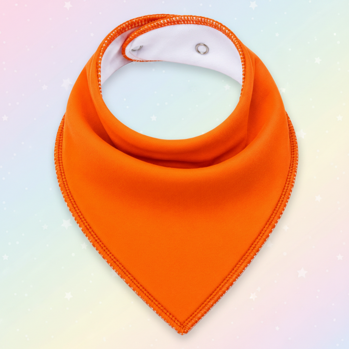 Orange cotton bandana bib with stitched edges and adjustable snaps