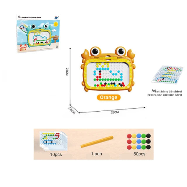 Orange crab drawing board with a measurement guide, packaging, pattern cards, pen, and magnets