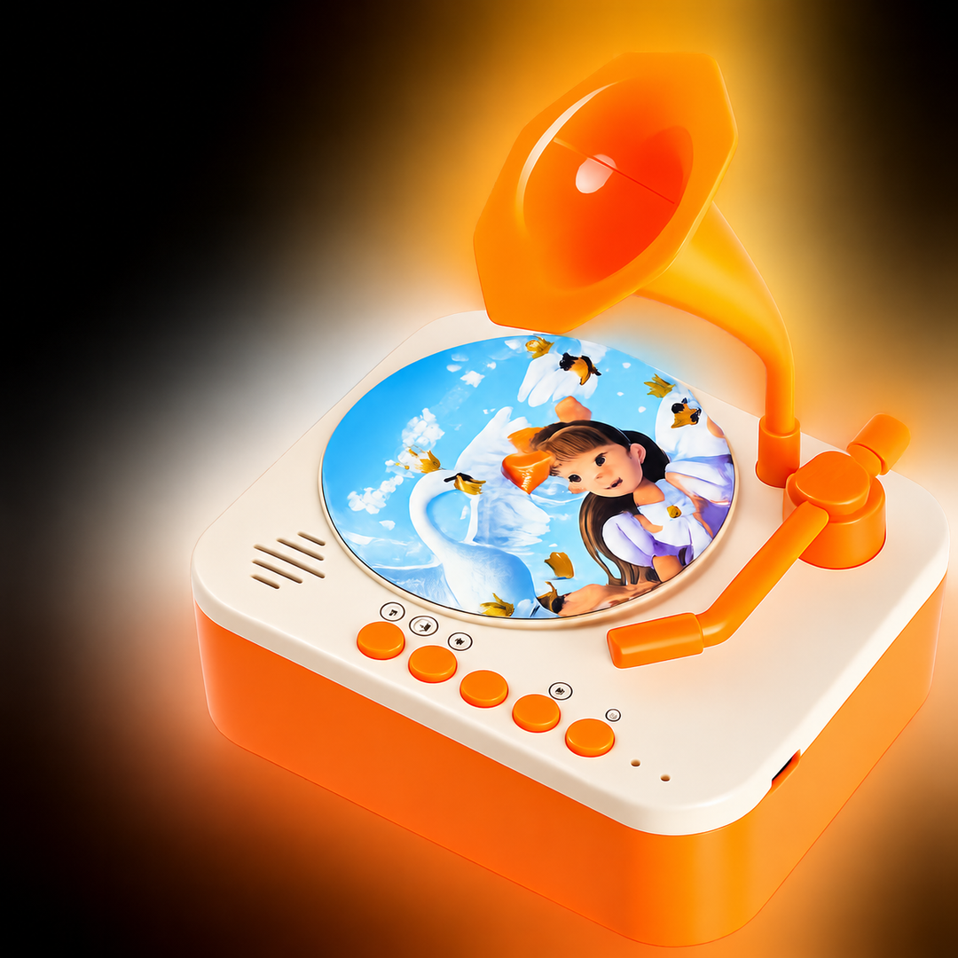 Orange and cream toy gramophone with an illustrated round card on the turntable