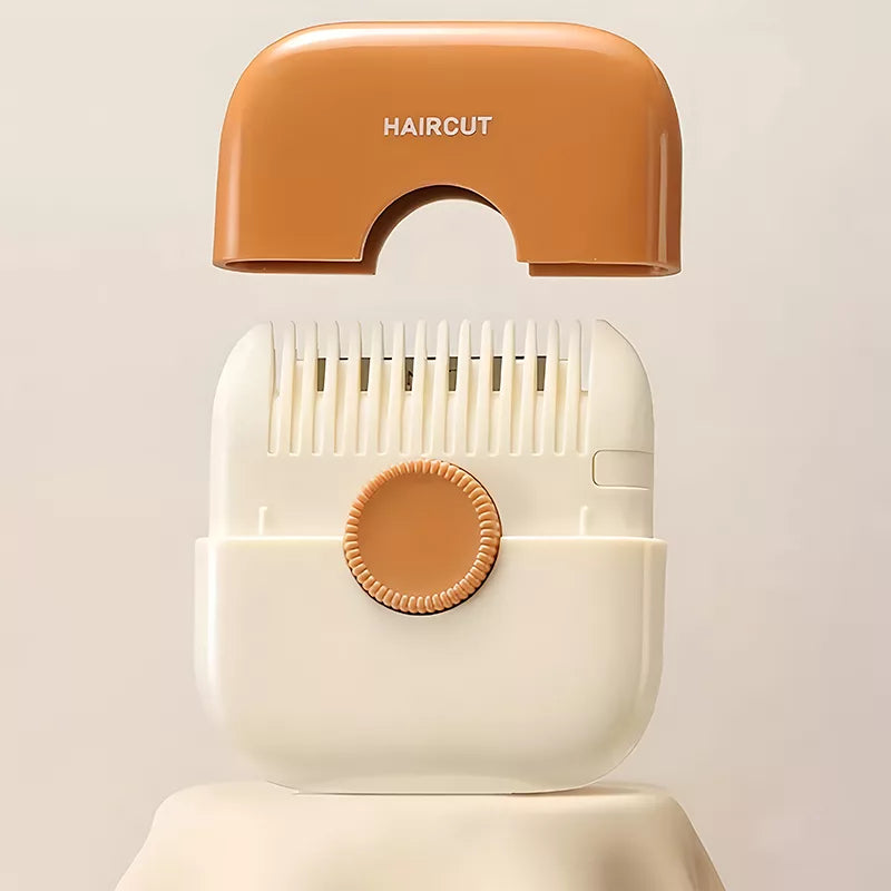 Orange and cream hair trimmer with its cover removed to show the comb teeth