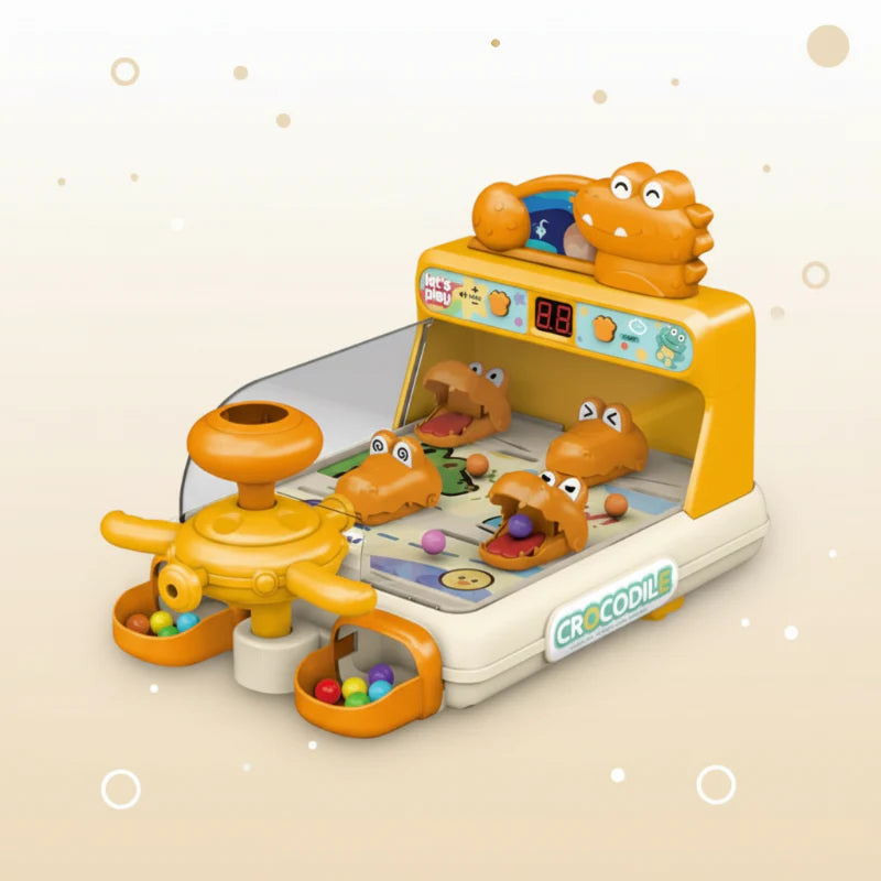 Orange crocodile pinball game with rotating launcher and front ball trays