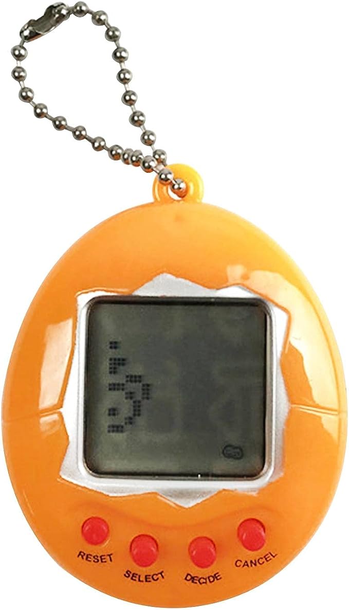 Orange digital pet keychain with an on-screen creature and four red buttons.