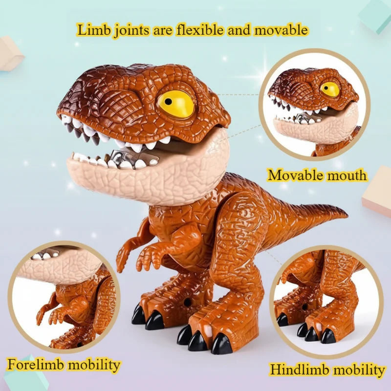 Orange dinosaur figure with close-ups of its movable mouth, arms, and legs