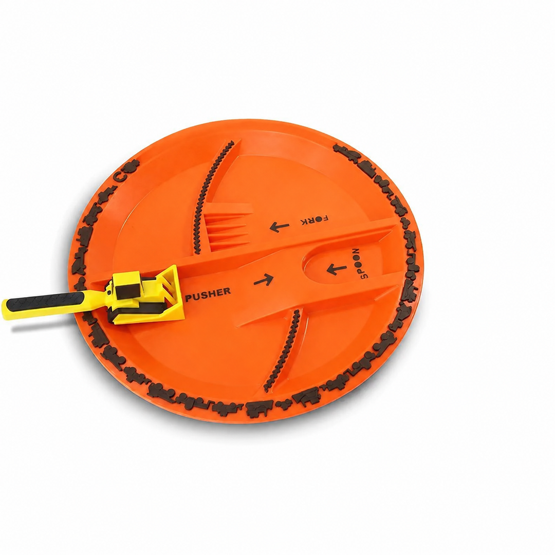 Orange divided construction-themed plate with a yellow shovel-shaped utensil across the center.