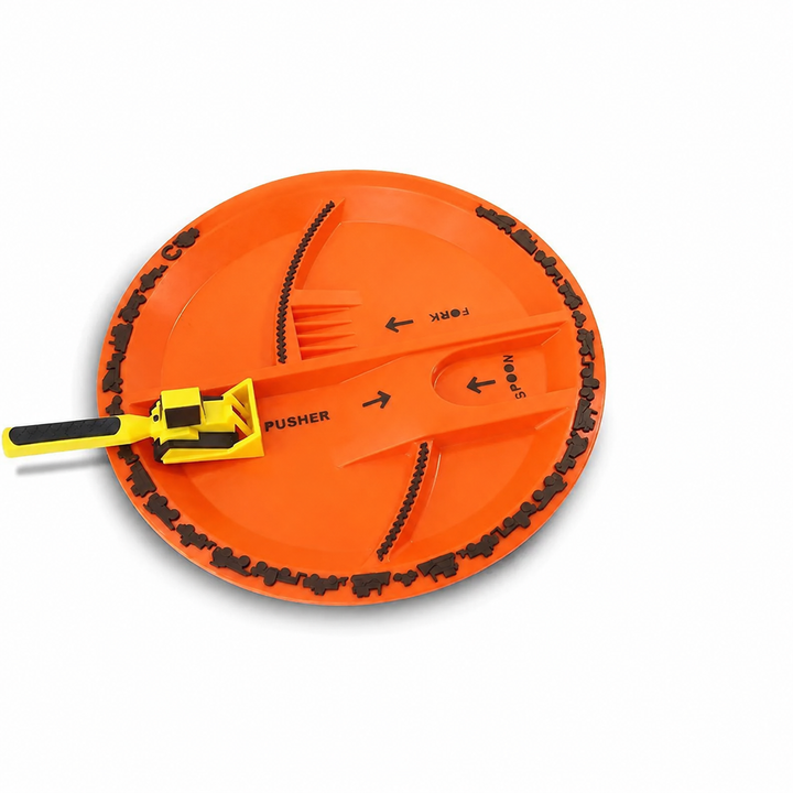 Orange divided construction-themed plate with a yellow shovel-shaped utensil across the center.