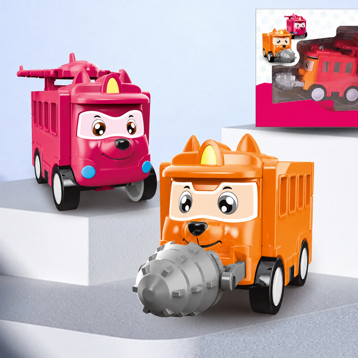 Orange drill-front toy truck beside a pink character truck with a roof-mounted nozzle