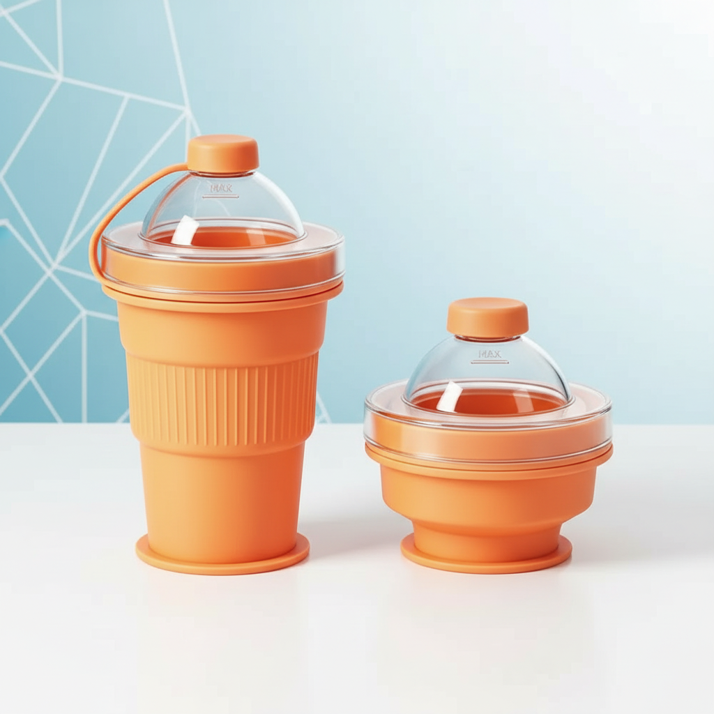 Orange silicone drinking cup shown expanded and folded with clear domed lids