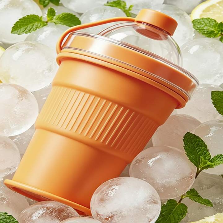 Orange silicone drinking cup with a domed lid resting among ice cubes and mint leaves