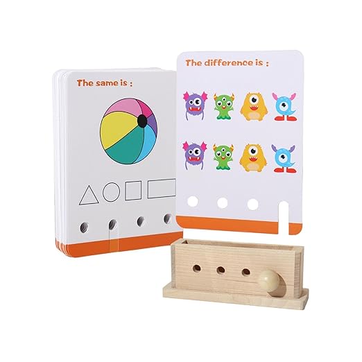 Orange-edged picture matching cards beside a wooden puzzle base and answer peg