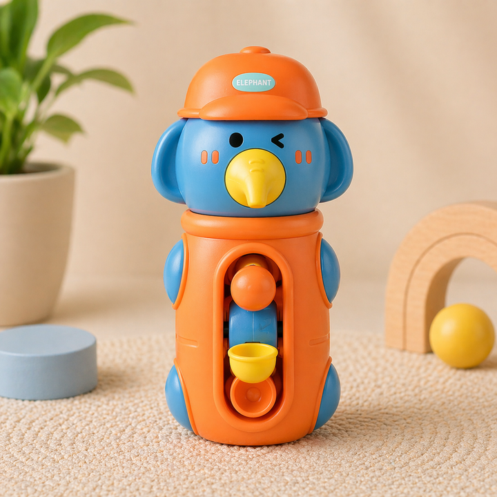Orange elephant bath toy with a blue head and colorful spinning cups