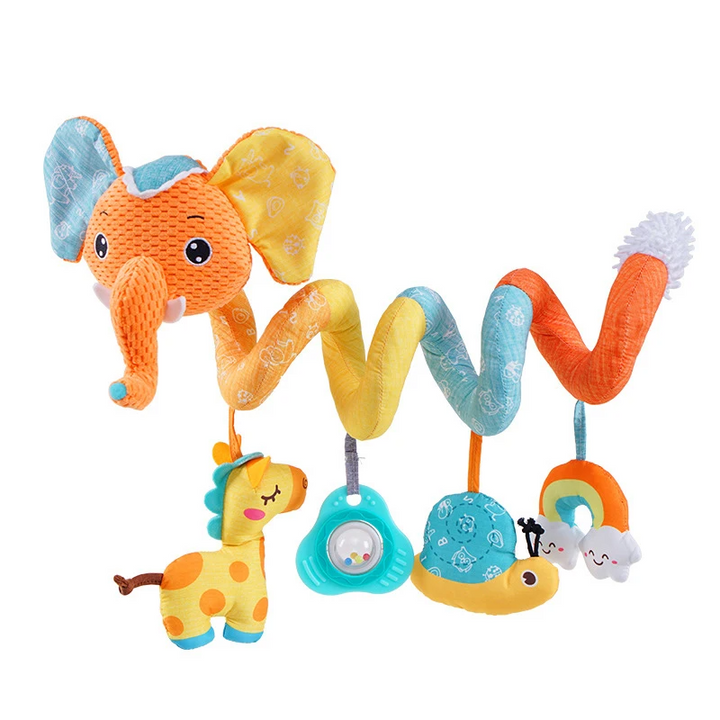 Orange elephant spiral activity toy with colorful coils, a hanging giraffe, and a snail.