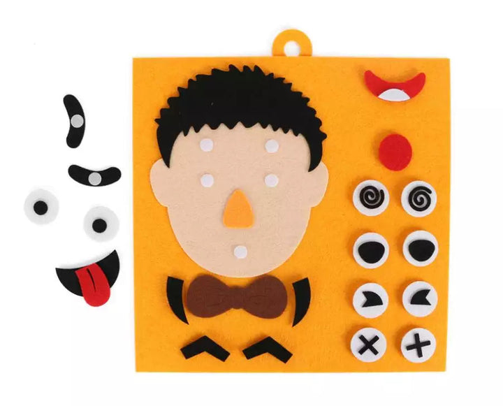 Orange felt character board with detachable eyes, eyebrows, and mouth pieces