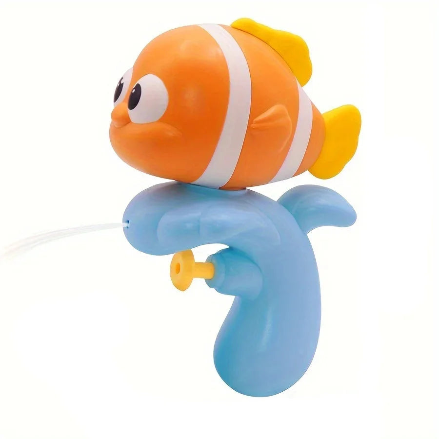 Orange fish water squirter with a light blue handle, yellow trigger and a stream of water