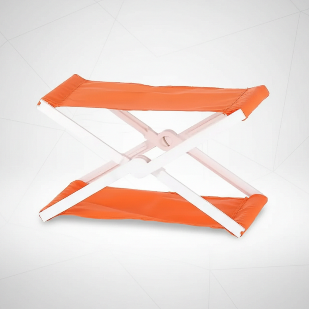 Orange folding headrest with a white cross-frame, shown open