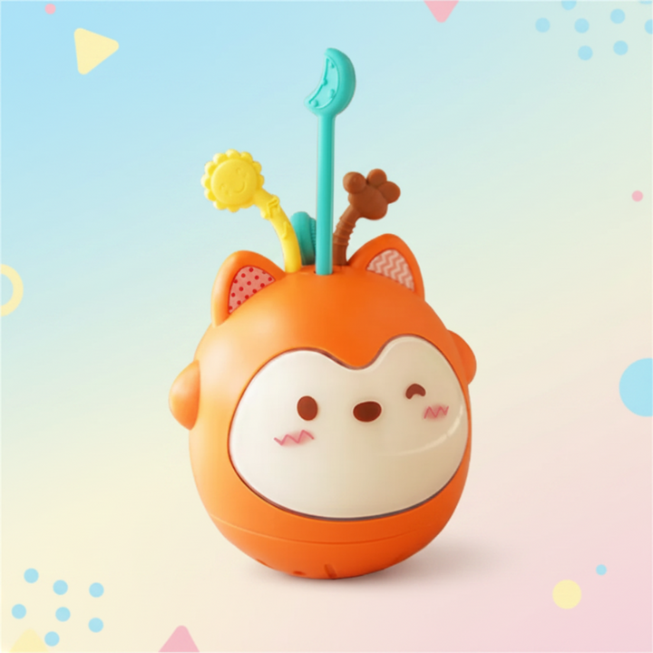 Orange fox night light with a cream face and three colorful silicone strips.