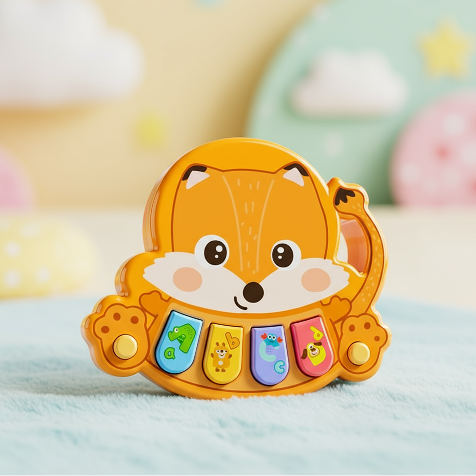 Orange fox animal piano with four colorful keys on a soft blue surface