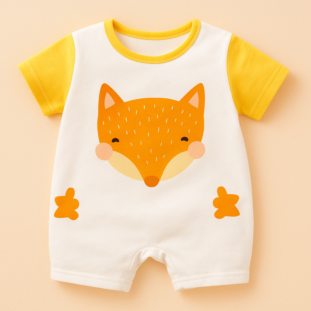 White baby romper with yellow sleeves and a large orange fox graphic