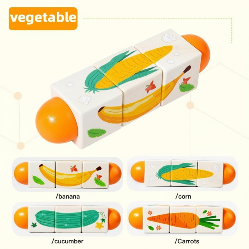 Orange-ended fruit and vegetable puzzle with banana, corn, cucumber, and carrot pictures