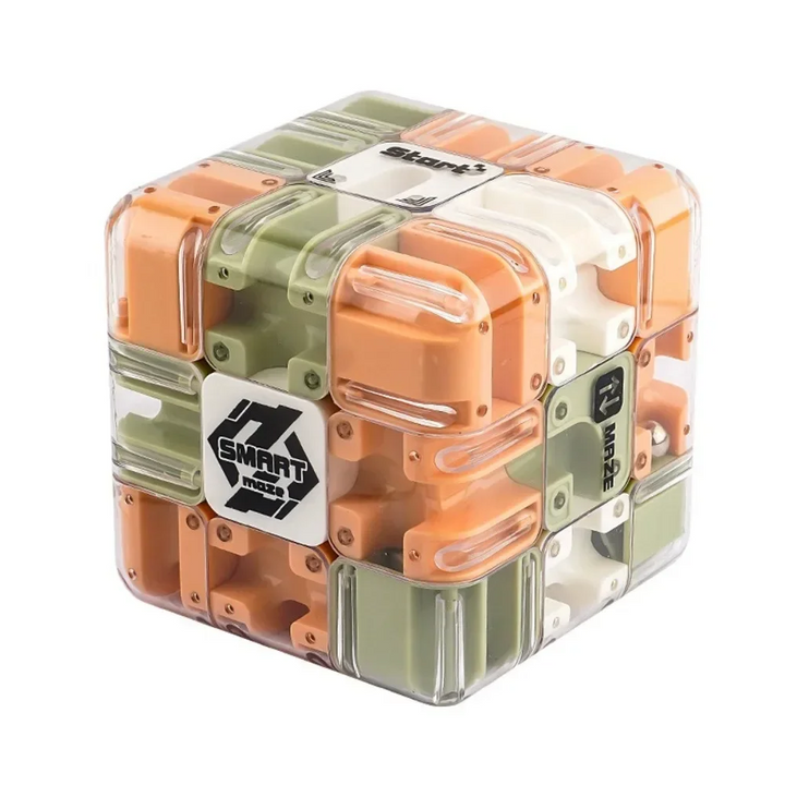 Mixed-color puzzle cube with orange, green, and white maze sections