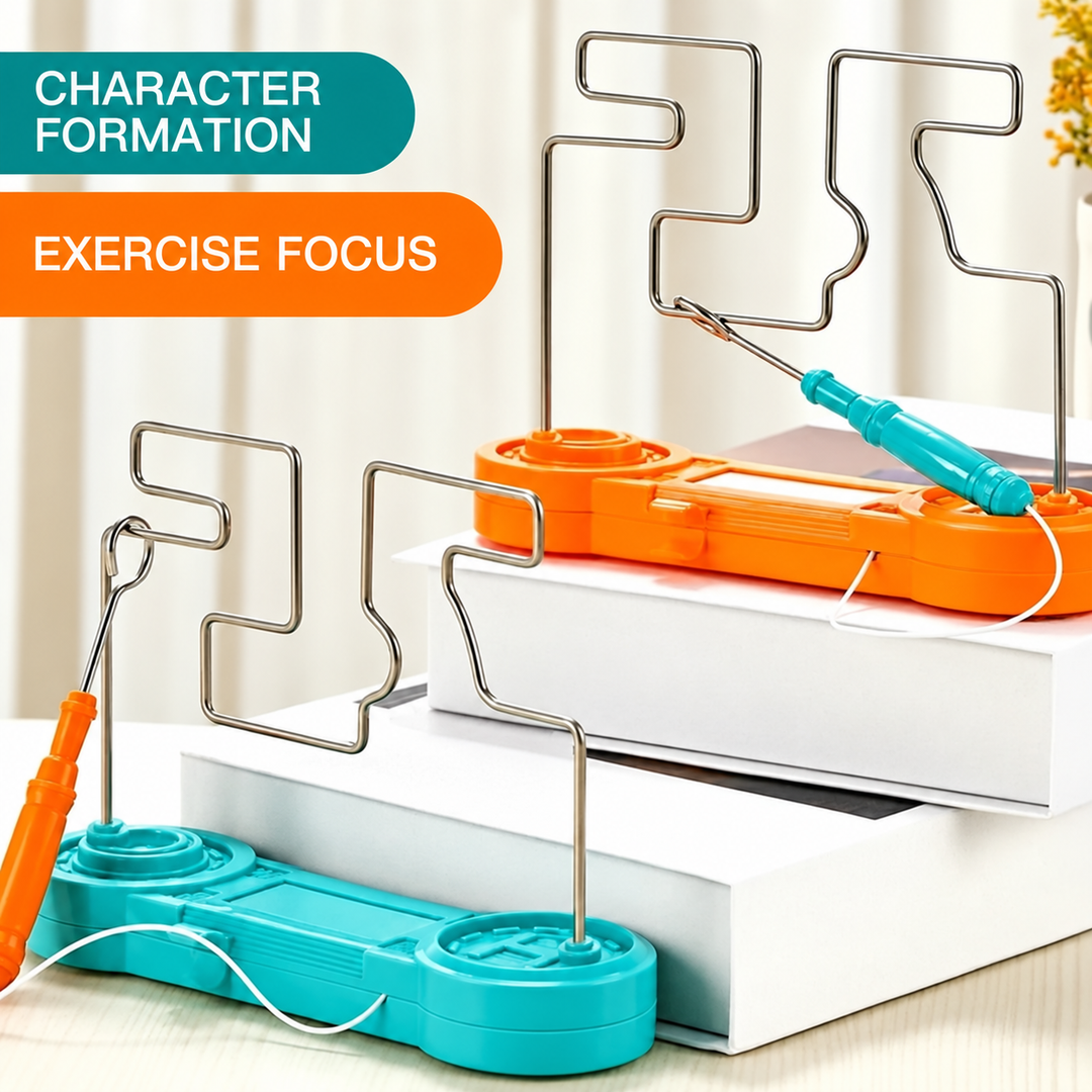 Orange and green wire maze games with handheld loop wands and winding metal tracks