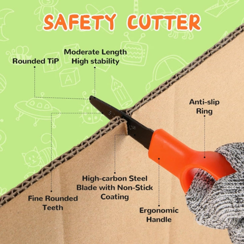 Orange-handled cardboard cutter shown cutting corrugated cardboard