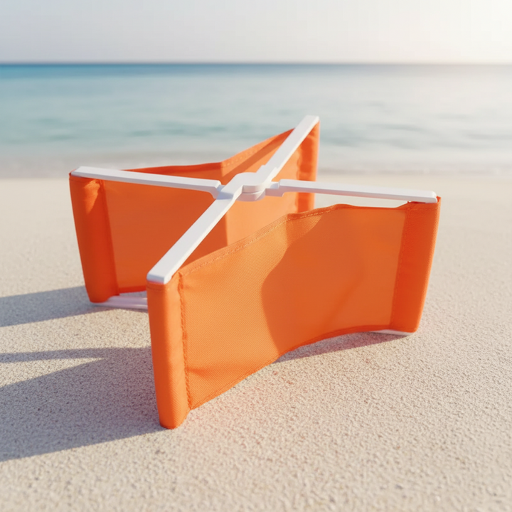Side view of an orange fabric headrest with its white folding frame on beach sand