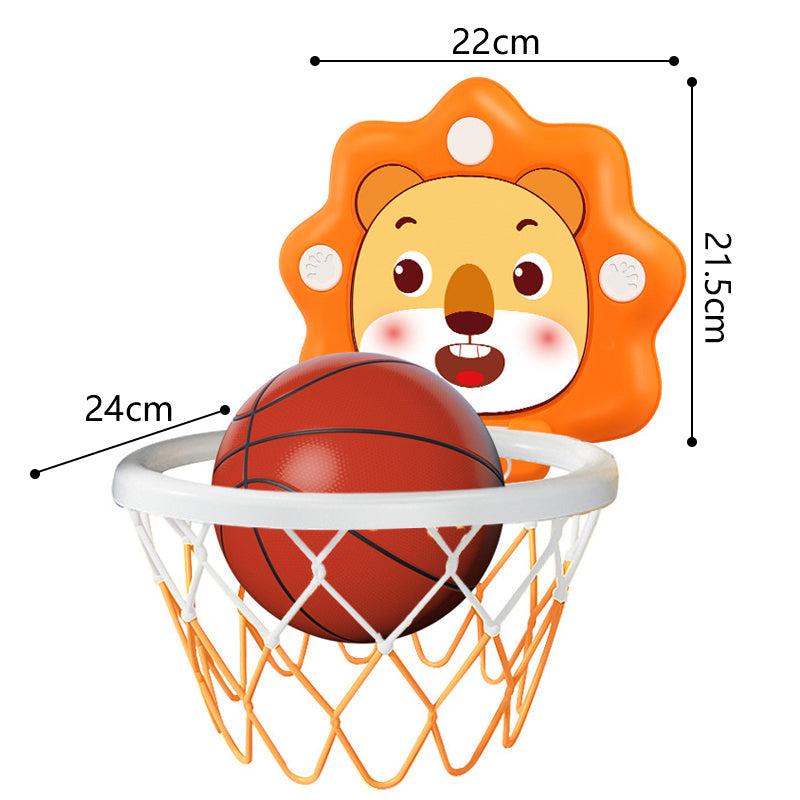 Mini basketball hoop measurement guide showing a 22 x 21.5 cm backboard and a 24 cm rim