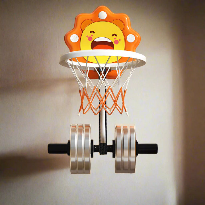 Orange lion basketball hoop on a wall, shown with a dumbbell hanging below the rim