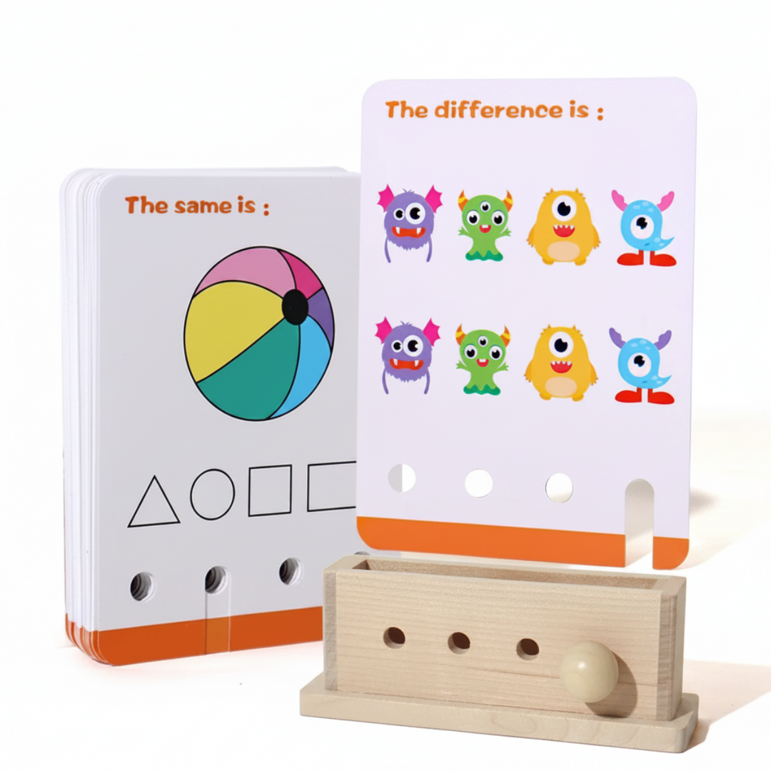 Orange-edged logic cards with beach ball and colorful creature puzzles beside the wooden holder.