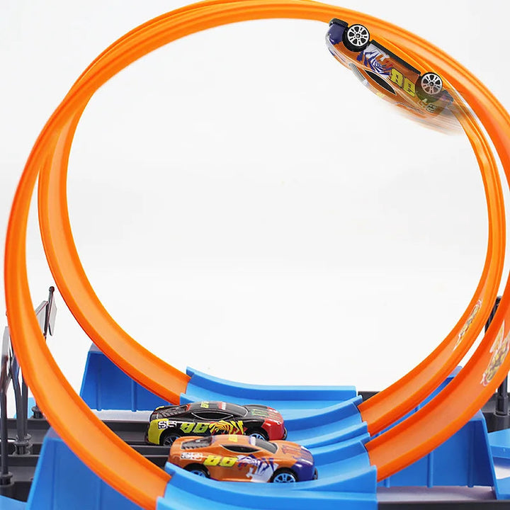 Toy cars on a curved orange loop with a blue track base.