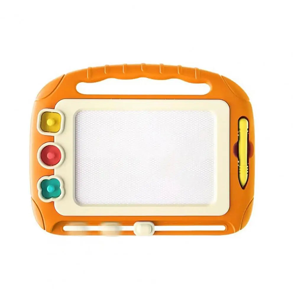 Orange magnetic drawing board with a blank screen, side-mounted stylus, and eraser slider