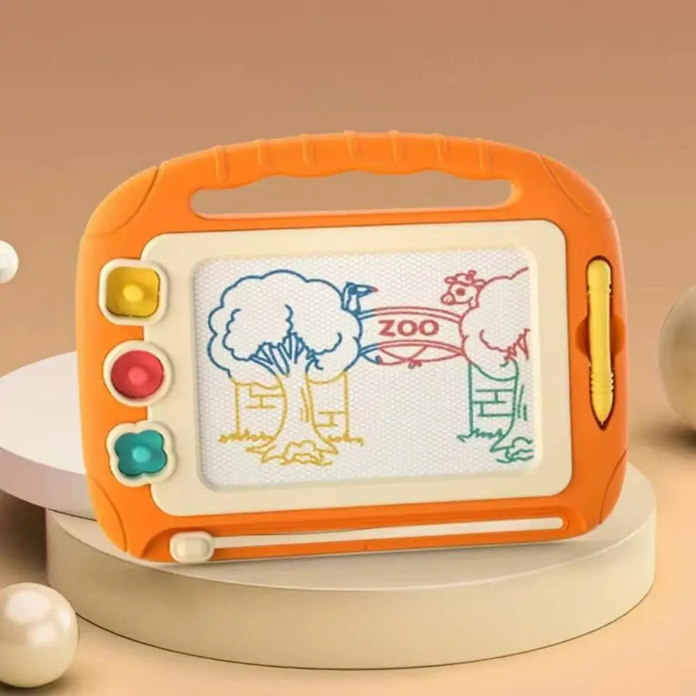 Orange magnetic drawing board with a colorful zoo sketch, stylus, and shape stamps