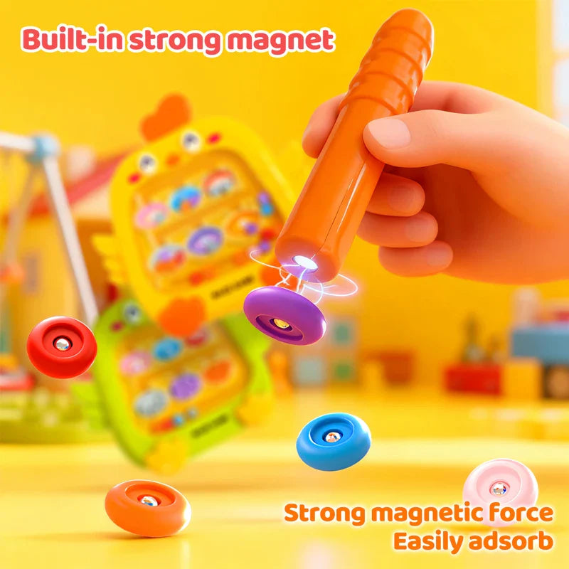Illustration of an orange magnetic pen attracting colorful ring-shaped beads.