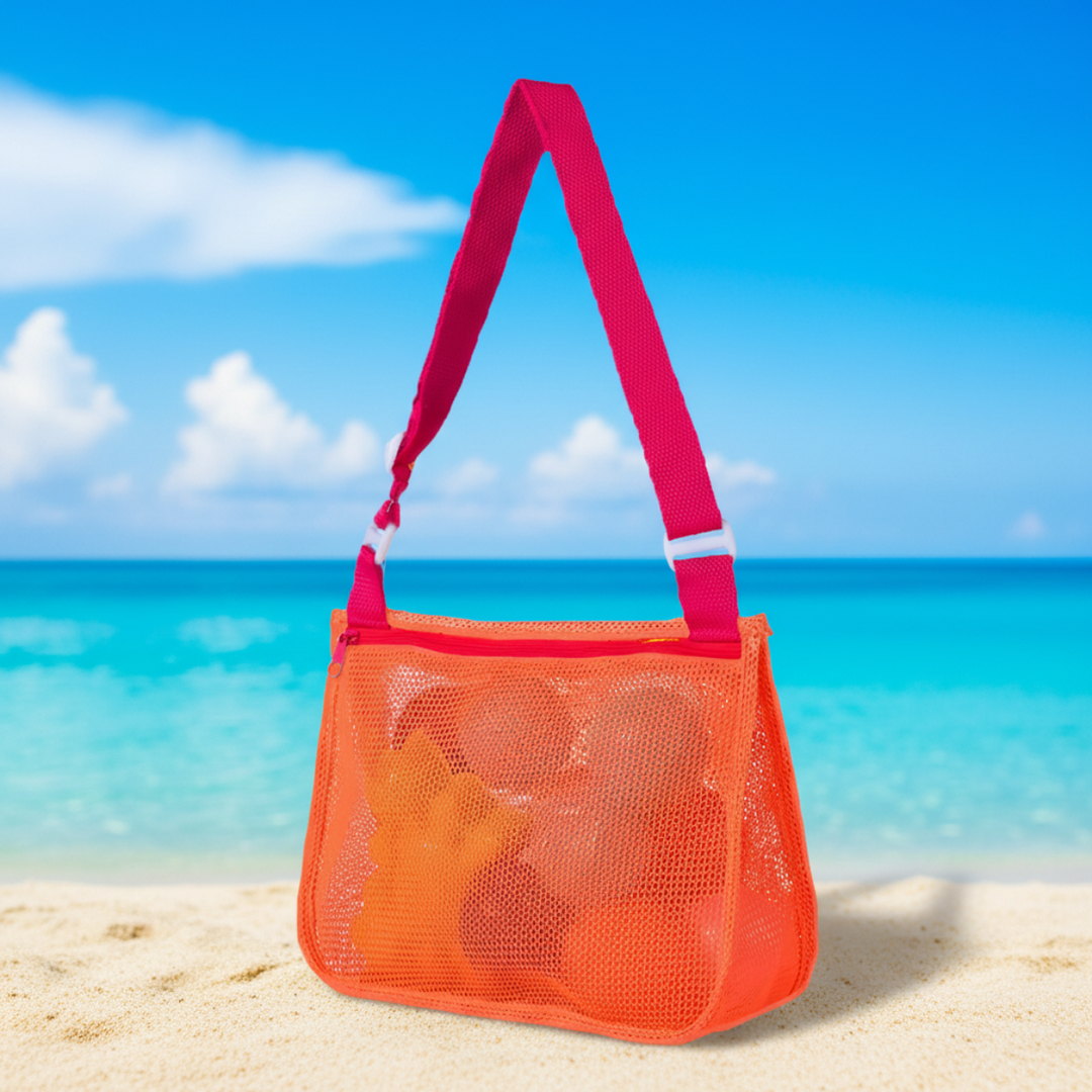 Orange mesh beach bag with a fuchsia adjustable shoulder strap