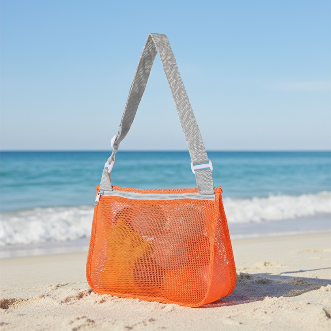 Orange mesh beach bag with a gray adjustable shoulder strap