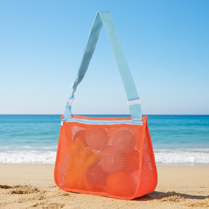 Orange mesh beach bag with a light blue adjustable shoulder strap
