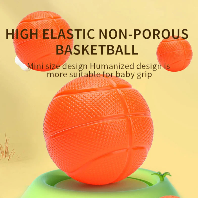Textured orange mini basketballs shown above a green hoop