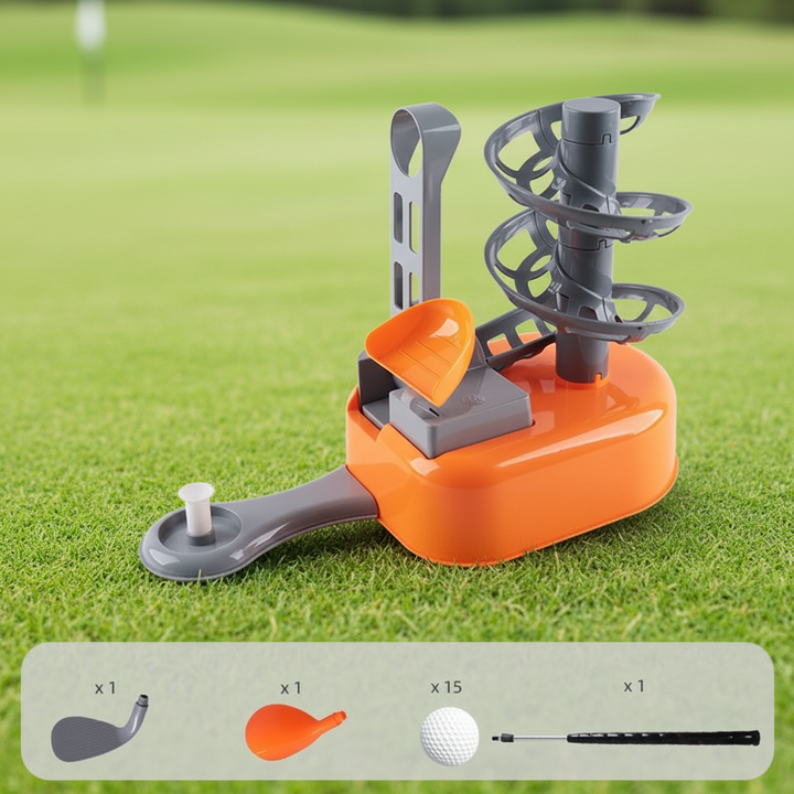 Orange mini golf set with a gray spiral ball holder and an accessory strip showing balls and club parts
