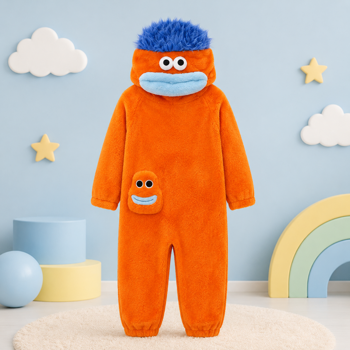 Orange monster onesie displayed with blue hood hair and a small smiling face detail