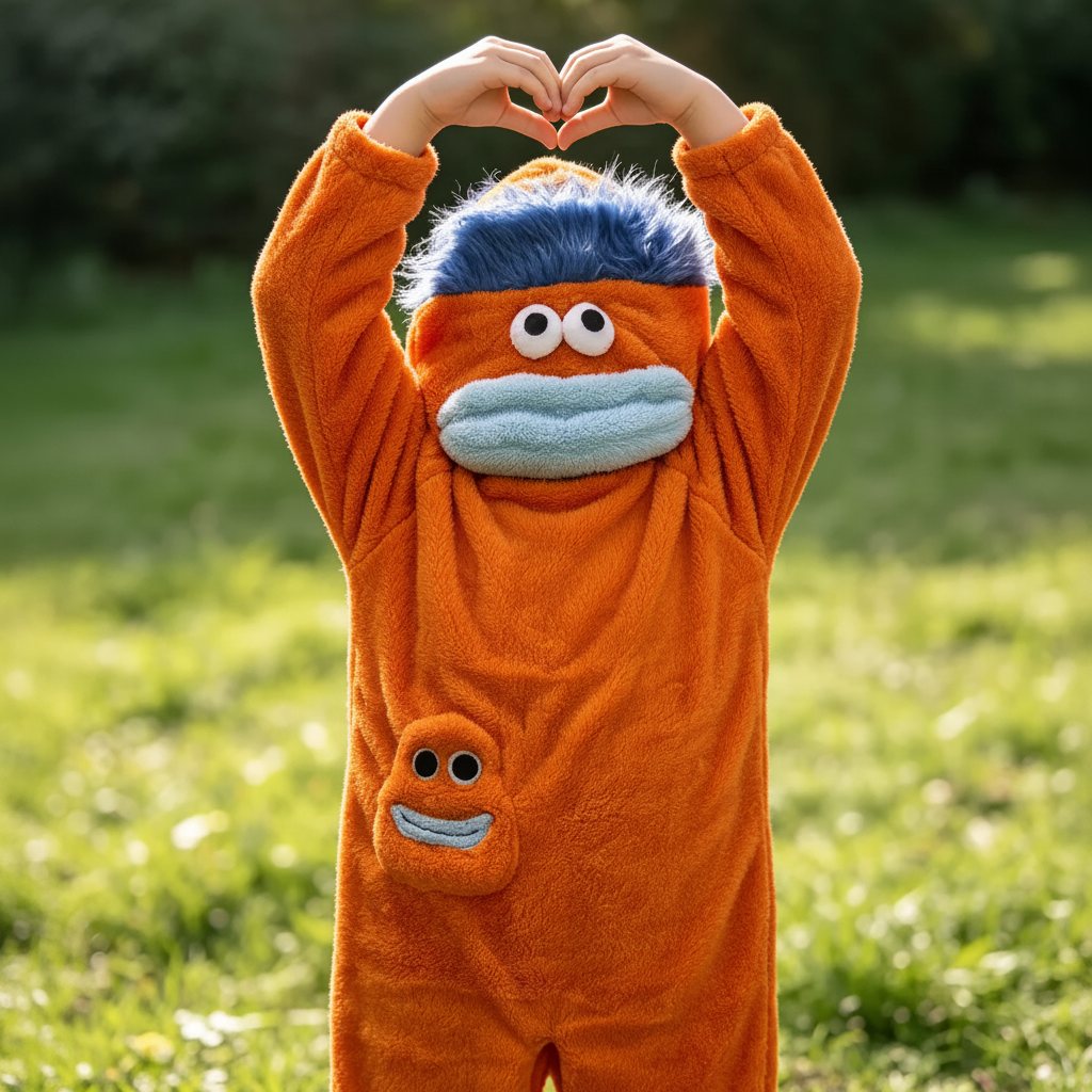 Child in an orange monster onesie with a blue-haired hood, forming a heart with raised hands