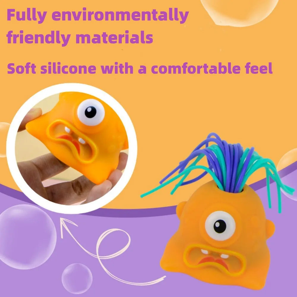 Orange monster stress toy beside a close-up showing its body being squeezed