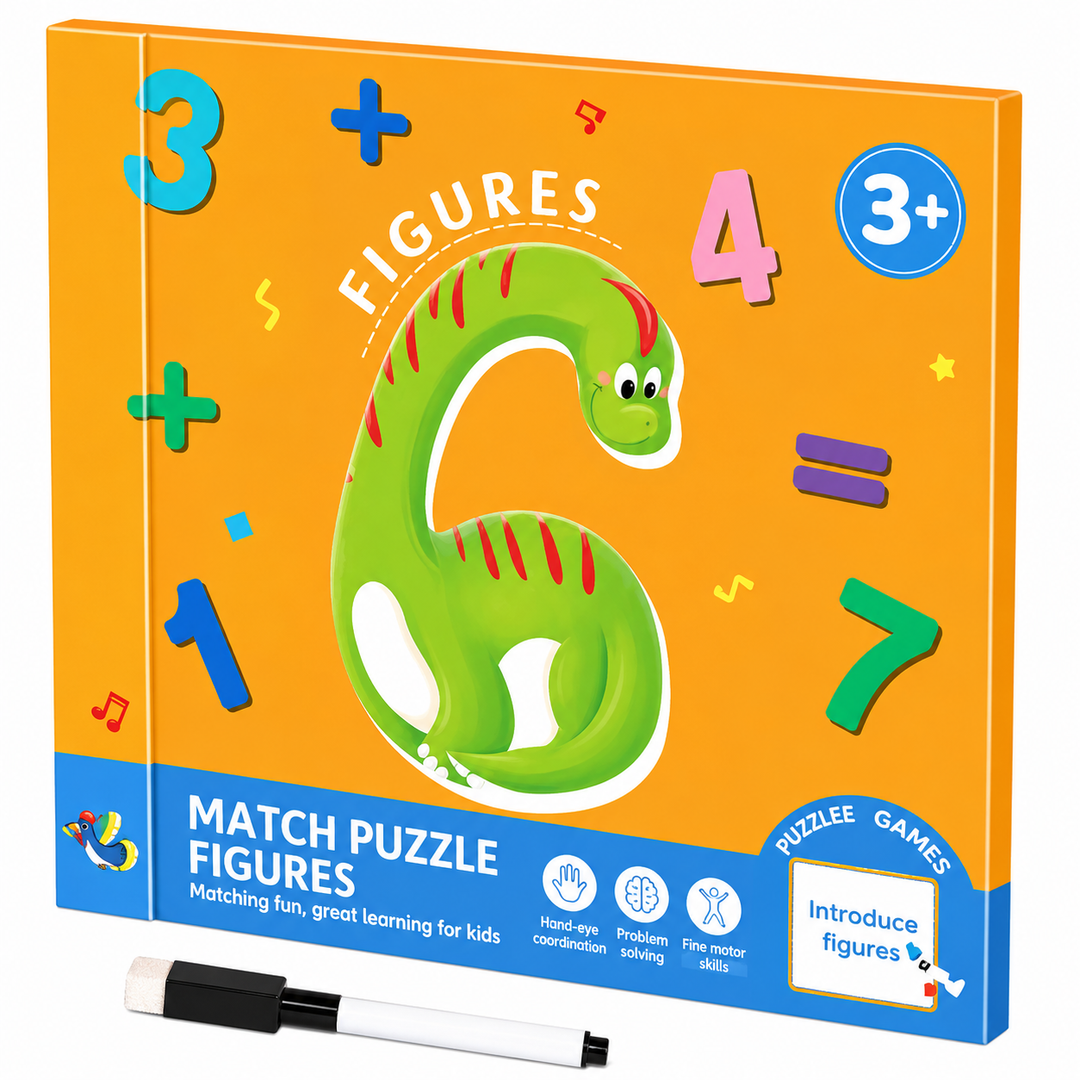 Orange Figures puzzle book with a number six illustration and a drawing pen below.