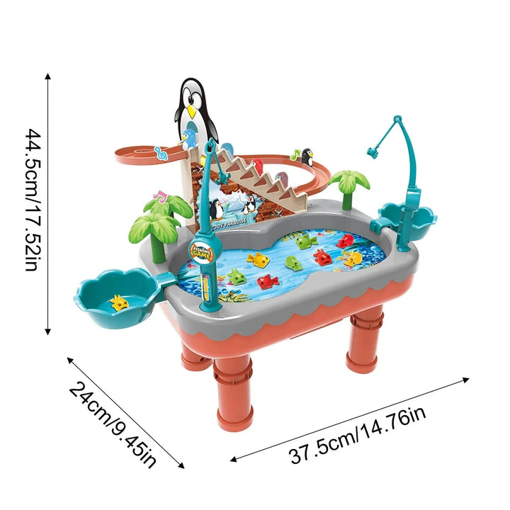 Orange penguin fishing playset with 44.5 cm height, 37.5 cm width, and 24 cm depth labels